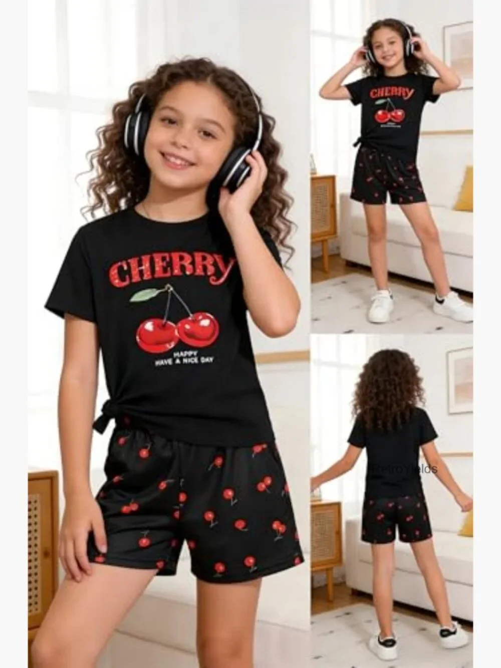 Girls Cherry Short Sleeve Shirt & Shorts 2-Piece Set with Pockets